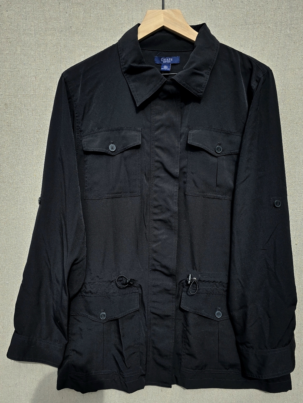 Chaps Black Utility Jacket XL Lightweight Silky Safari Style NWT Extra Large